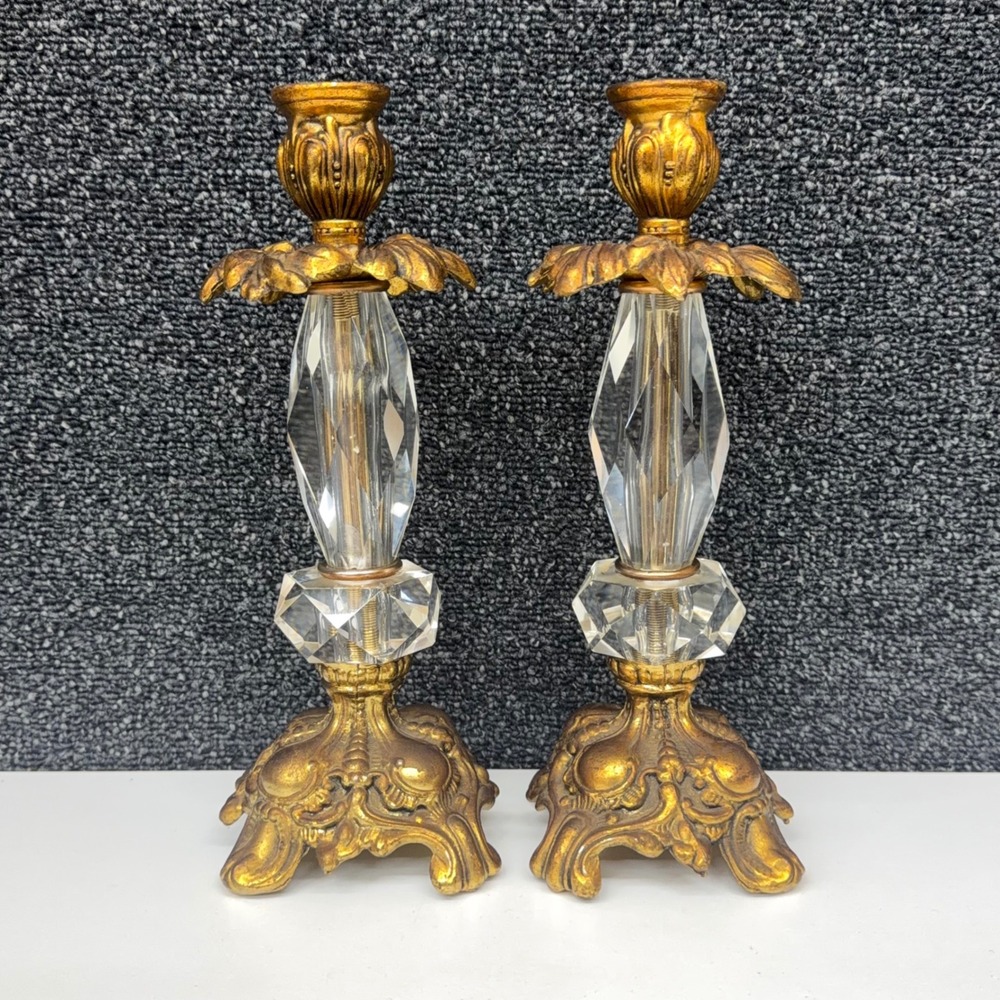 ACC Vintage Ornate Brass and Crystal Candlestick Holders Pair Gold Rococo 8.5"